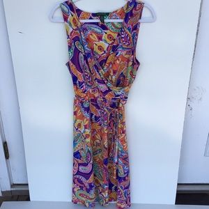 Ralph Lauren Faux Wrap A Line Dress Sleeveless Paisley Vibrant Colors Sz L